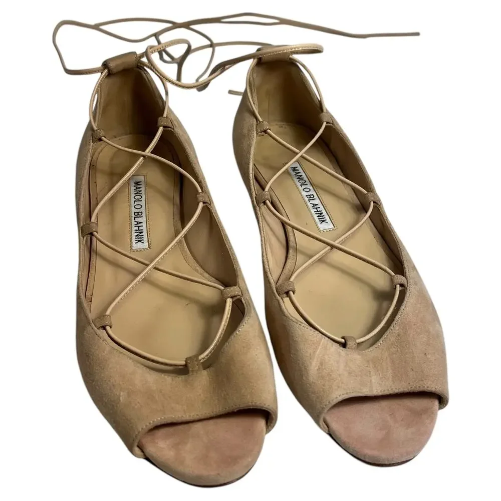 Manolo Blahnik Lace Up Espadrille Flats Peep Toe Suede Nude Size 6 / 36.5 Italy